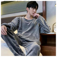 SaneShoppe - Men's Thermal Pajama Sets Winter Cartoon Dog Embroidery Striped Home Wear Fleece Thick Sleepwear Cozy Warm Lounge Pajama Set Men