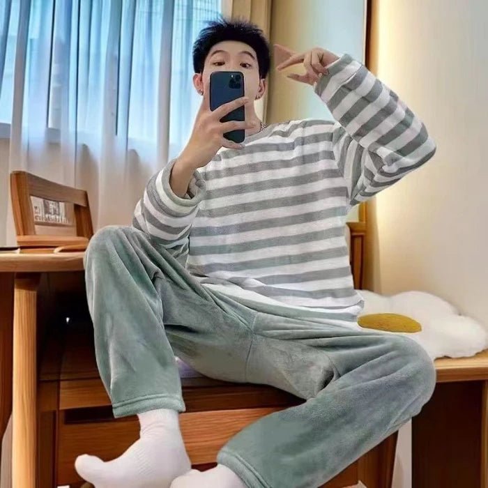 SaneShoppe - Men's Thermal Pajama Sets Winter Cartoon Dog Embroidery Striped Home Wear Fleece Thick Sleepwear Cozy Warm Lounge Pajama Set Men