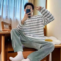 SaneShoppe - Men's Thermal Pajama Sets Winter Cartoon Dog Embroidery Striped Home Wear Fleece Thick Sleepwear Cozy Warm Lounge Pajama Set Men