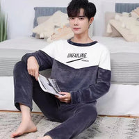SaneShoppe - Men's Thermal Pajama Sets Winter Cartoon Dog Embroidery Striped Home Wear Fleece Thick Sleepwear Cozy Warm Lounge Pajama Set Men