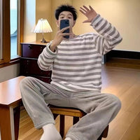 SaneShoppe - Men's Thermal Pajama Sets Winter Cartoon Dog Embroidery Striped Home Wear Fleece Thick Sleepwear Cozy Warm Lounge Pajama Set Men