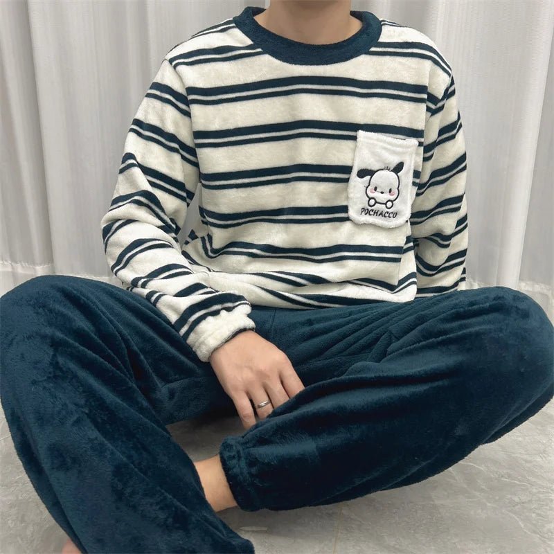 SaneShoppe - Men's Thermal Pajama Sets Winter Cartoon Dog Embroidery Striped Home Wear Fleece Thick Sleepwear Cozy Warm Lounge Pajama Set Men