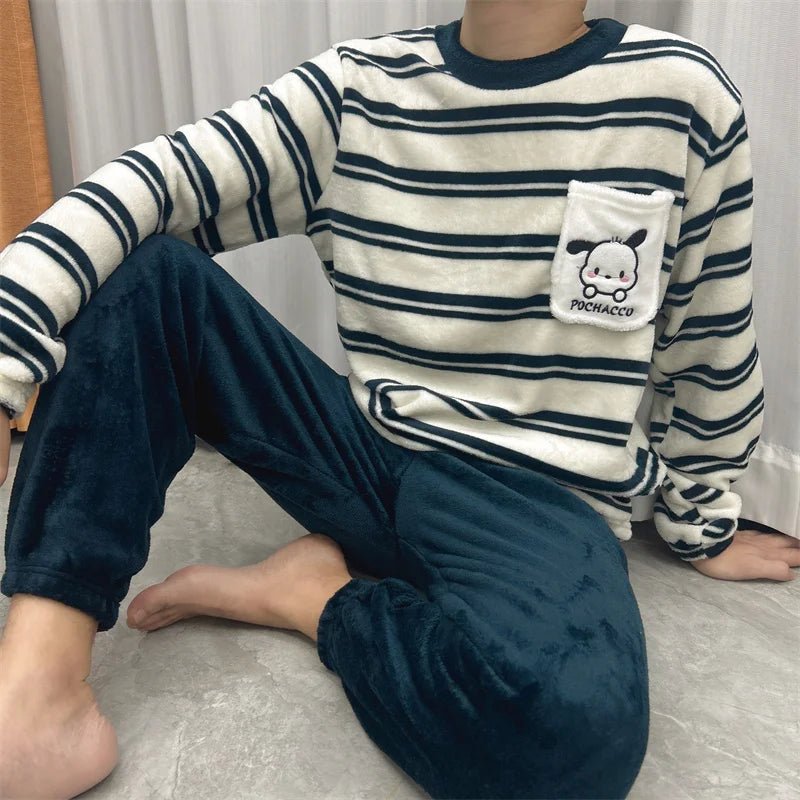 SaneShoppe - Men's Thermal Pajama Sets Winter Cartoon Dog Embroidery Striped Home Wear Fleece Thick Sleepwear Cozy Warm Lounge Pajama Set Men