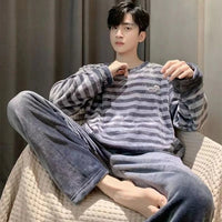 SaneShoppe - Men's Thermal Pajama Sets Winter Cartoon Dog Embroidery Striped Home Wear Fleece Thick Sleepwear Cozy Warm Lounge Pajama Set Men