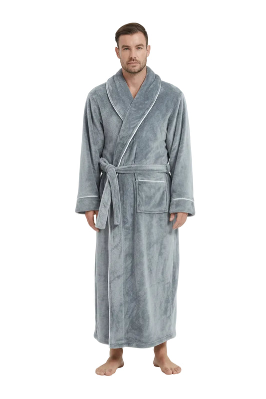 SaneShoppe-Men's Cozy Flannel Robe, Plush Coral Fleece, Warm Home Comfort