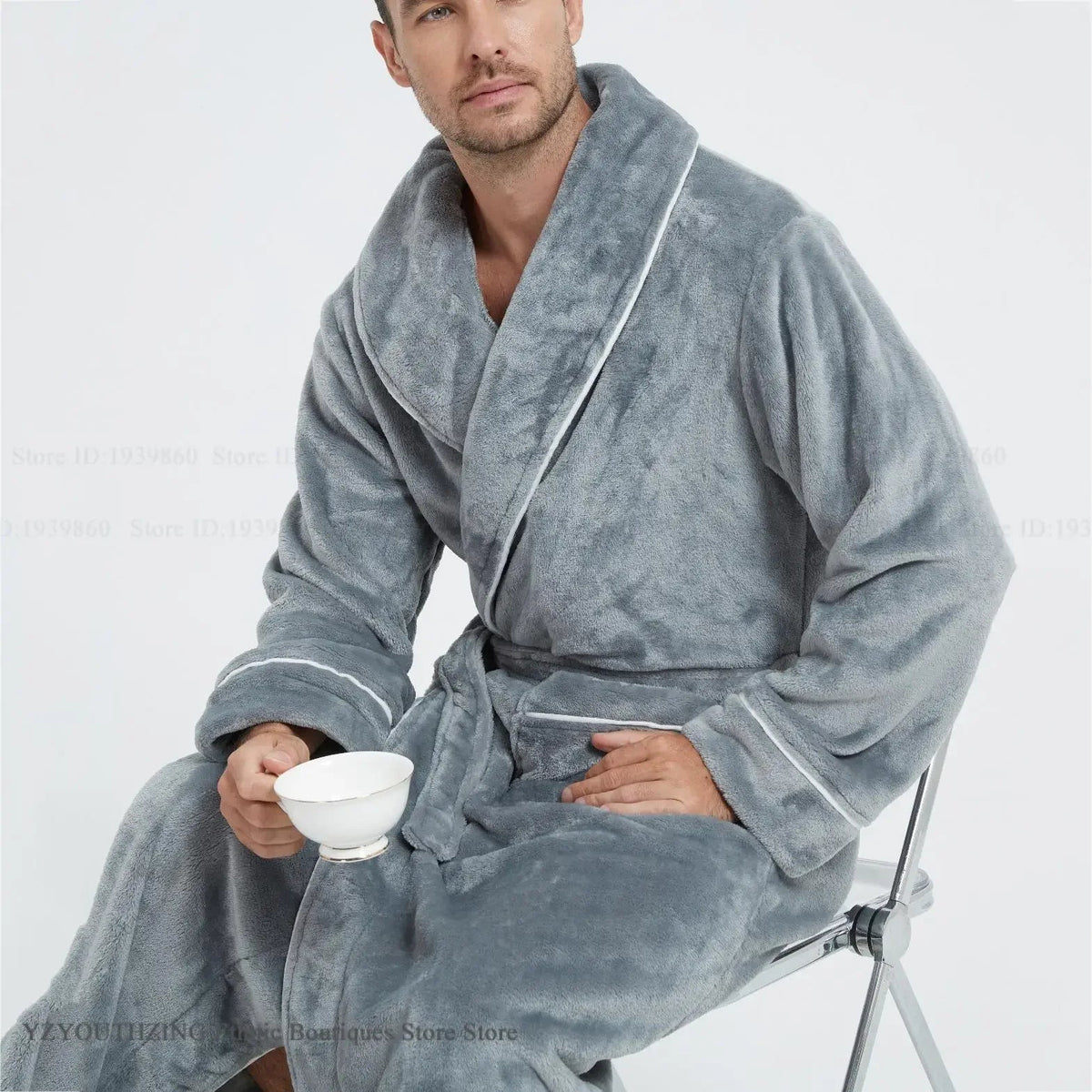 SaneShoppe-Men's Cozy Flannel Robe, Plush Coral Fleece, Warm Home Comfort