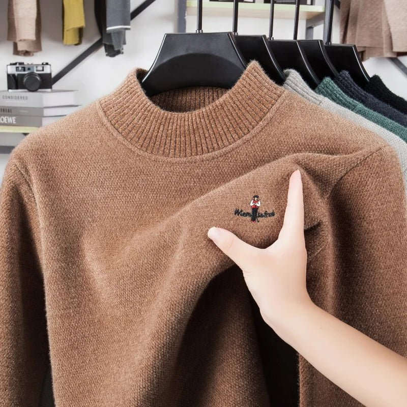 SaneShoppe - men's thicken autumn winter high - end sweater round neck embroidery knit keep warm pullover fashion best seller man clothes tops