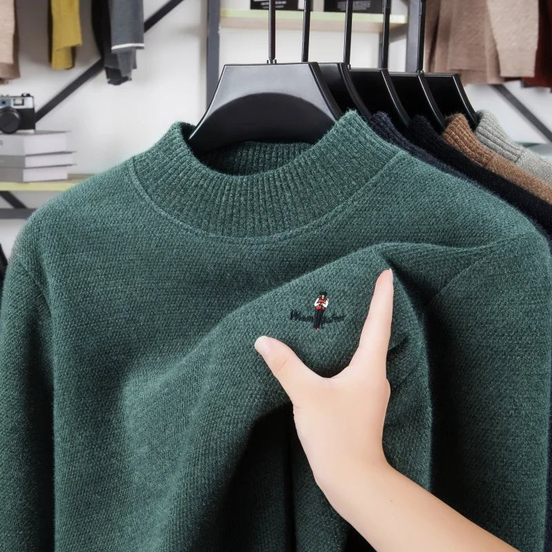 SaneShoppe - men's thicken autumn winter high - end sweater round neck embroidery knit keep warm pullover fashion best seller man clothes tops