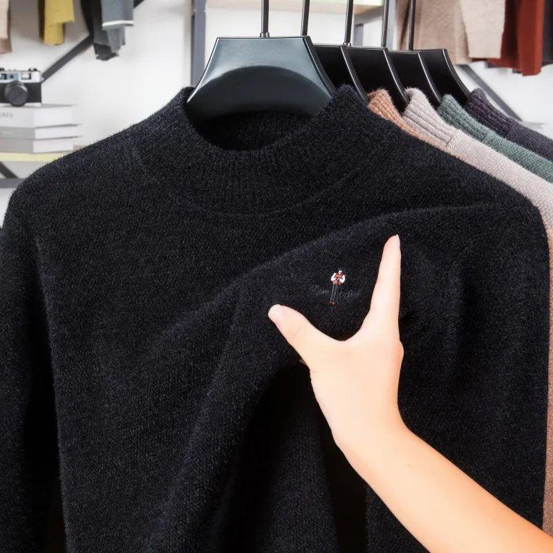 SaneShoppe - men's thicken autumn winter high - end sweater round neck embroidery knit keep warm pullover fashion best seller man clothes tops