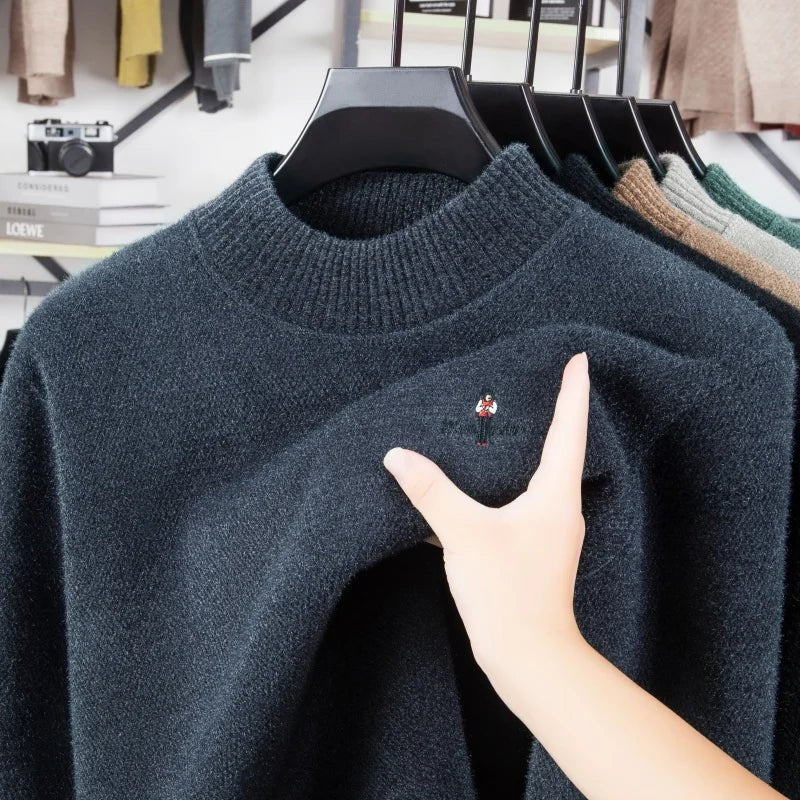 SaneShoppe - men's thicken autumn winter high - end sweater round neck embroidery knit keep warm pullover fashion best seller man clothes tops