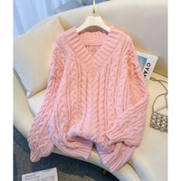 SaneShoppe - MEXZT Harajuku Sweater Women Fashion Oversized Pink V Neck Knitted Pullovers Korean Long Sleeve Knitwear Winter Casual Jumpers