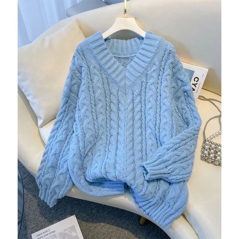 SaneShoppe - MEXZT Harajuku Sweater Women Fashion Oversized Pink V Neck Knitted Pullovers Korean Long Sleeve Knitwear Winter Casual Jumpers