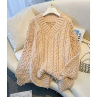 SaneShoppe - MEXZT Harajuku Sweater Women Fashion Oversized Pink V Neck Knitted Pullovers Korean Long Sleeve Knitwear Winter Casual Jumpers