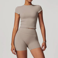 SaneShoppe - mikeyoga 2PCS Yoga Set Women Sportswear Workout Clothes Athletic Wear Gym Legging Fitness Bra Crop Top Short Sleeves Sports Suit