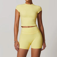 SaneShoppe - mikeyoga 2PCS Yoga Set Women Sportswear Workout Clothes Athletic Wear Gym Legging Fitness Bra Crop Top Short Sleeves Sports Suit