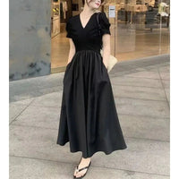 SaneShoppe - Minimalist Women's A - Line 2024 Summer New V - Neck Spliced Folds Elegant Fashion Casual Commuter Short Sleeve Slim Pockets Dress