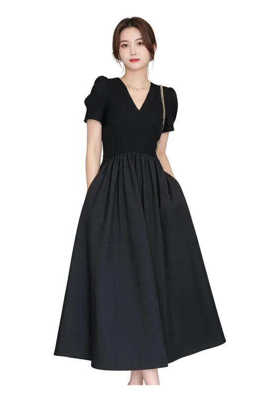 SaneShoppe - Minimalist Women's A - Line 2024 Summer New V - Neck Spliced Folds Elegant Fashion Casual Commuter Short Sleeve Slim Pockets Dress