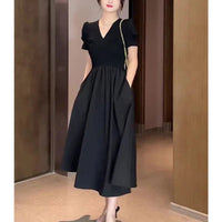 SaneShoppe - Minimalist Women's A - Line 2024 Summer New V - Neck Spliced Folds Elegant Fashion Casual Commuter Short Sleeve Slim Pockets Dress