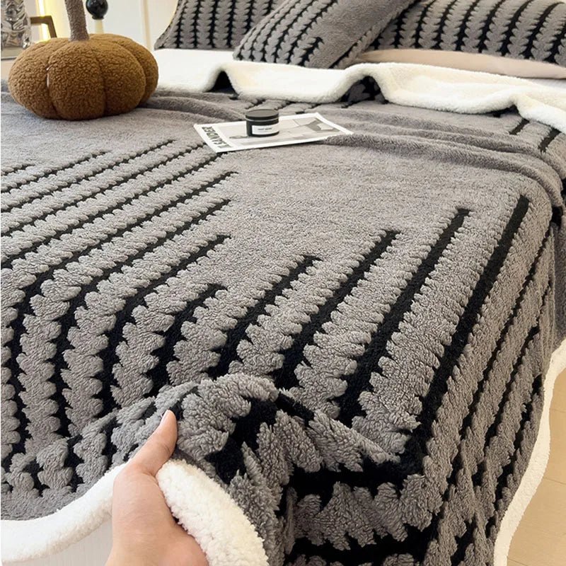 SaneShoppe - Multi Purpose Fishbone Pattern Jacquard Blanket Winter Thickened Warm Lamb Wool Nap Shawl Soft Sofa Cover for Living Room Office