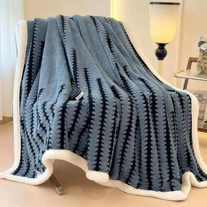 SaneShoppe - Multi Purpose Fishbone Pattern Jacquard Blanket Winter Thickened Warm Lamb Wool Nap Shawl Soft Sofa Cover for Living Room Office
