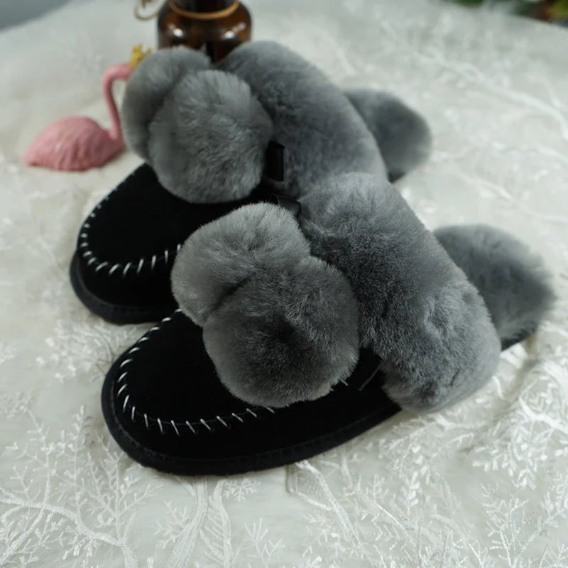 SaneShoppe - Natural Sheepskin Fur Slippers Fashion Female Winter Slippers Women Warm Indoor Slippers Soft Wool Lady Home Slippers