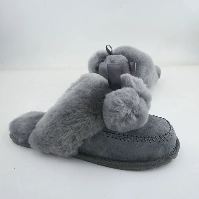SaneShoppe - Natural Sheepskin Fur Slippers Fashion Female Winter Slippers Women Warm Indoor Slippers Soft Wool Lady Home Slippers