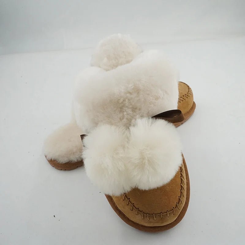 SaneShoppe - Natural Sheepskin Fur Slippers Fashion Female Winter Slippers Women Warm Indoor Slippers Soft Wool Lady Home Slippers
