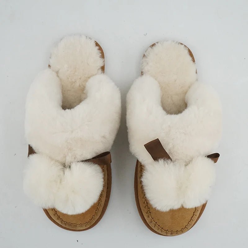 SaneShoppe - Natural Sheepskin Fur Slippers Fashion Female Winter Slippers Women Warm Indoor Slippers Soft Wool Lady Home Slippers