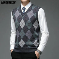 SaneShoppe - New Autum Fashion Designer Brand Argyle Pullover Diamond Sweater V Neck Knit Vest Men 6% Wool Sleeveless Casual Men Clothing