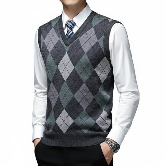 SaneShoppe - New Autum Fashion Designer Brand Argyle Pullover Diamond Sweater V Neck Knit Vest Men 6% Wool Sleeveless Casual Men Clothing