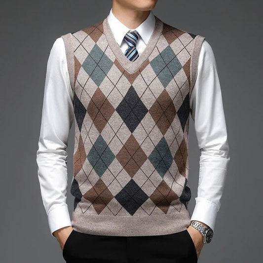 SaneShoppe - New Autum Fashion Designer Brand Argyle Pullover Diamond Sweater V Neck Knit Vest Men 6% Wool Sleeveless Casual Men Clothing