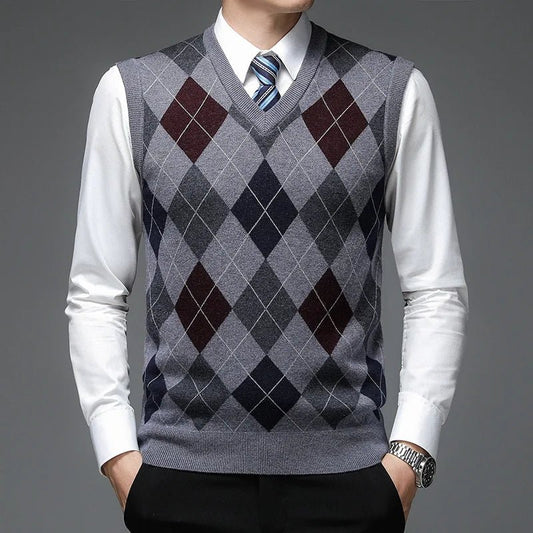 SaneShoppe - New Autum Fashion Designer Brand Argyle Pullover Diamond Sweater V Neck Knit Vest Men 6% Wool Sleeveless Casual Men Clothing