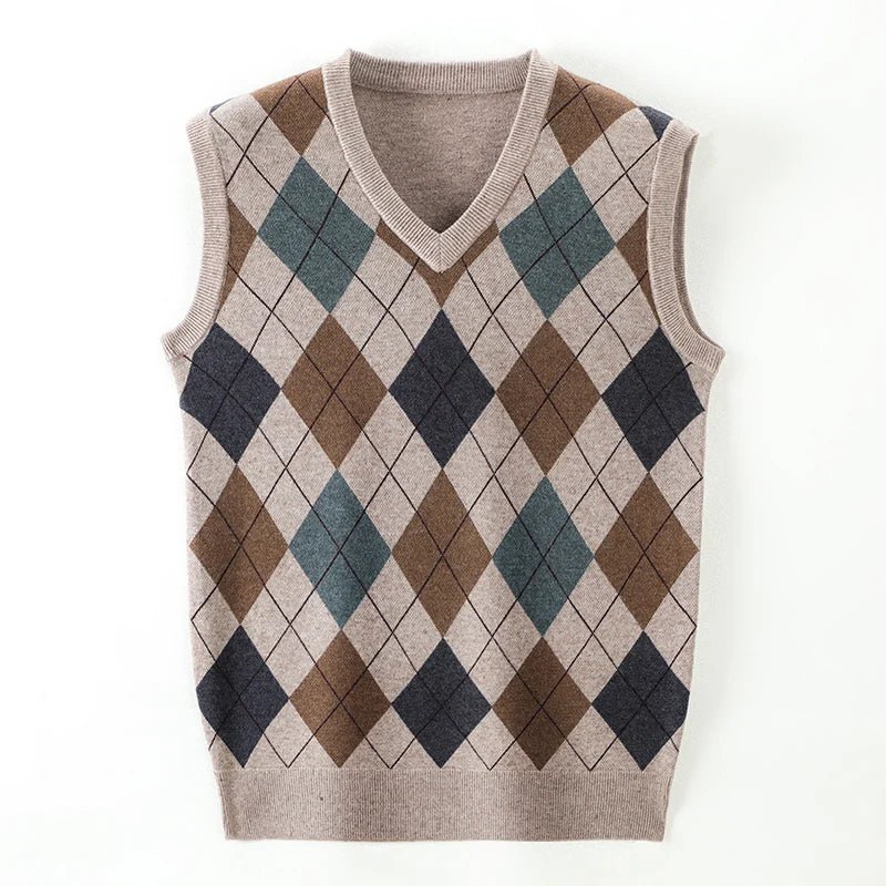 SaneShoppe - New Autum Fashion Designer Brand Argyle Pullover Diamond Sweater V Neck Knit Vest Men 6% Wool Sleeveless Casual Men Clothing