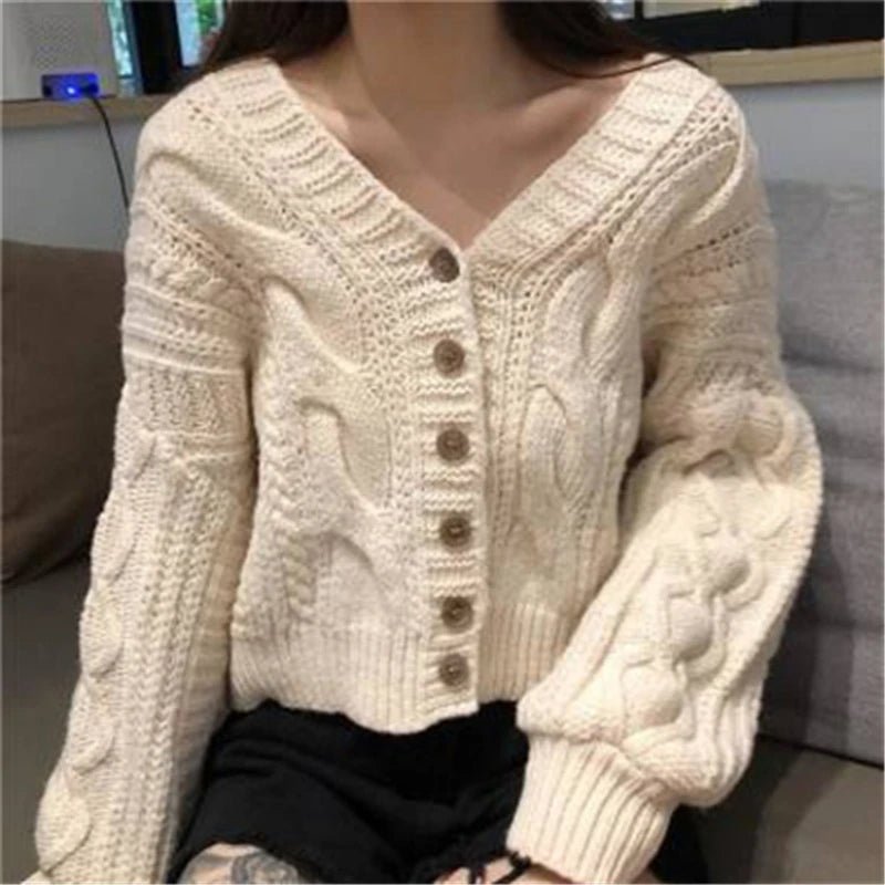 SaneShoppe - New Autumn Vintage Button Winter Women's Elegant Casual Clothing V - neck Long Sleeve Sweater Loose Cropped Cardigan Knitwear