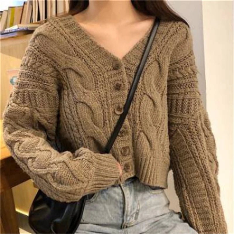 SaneShoppe - New Autumn Vintage Button Winter Women's Elegant Casual Clothing V - neck Long Sleeve Sweater Loose Cropped Cardigan Knitwear