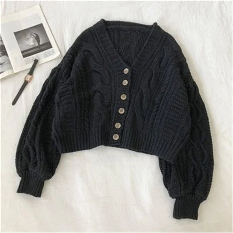 SaneShoppe - New Autumn Vintage Button Winter Women's Elegant Casual Clothing V - neck Long Sleeve Sweater Loose Cropped Cardigan Knitwear
