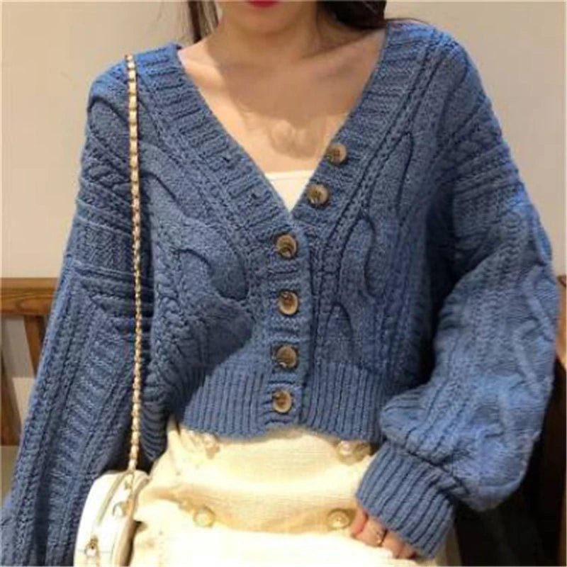 SaneShoppe - New Autumn Vintage Button Winter Women's Elegant Casual Clothing V - neck Long Sleeve Sweater Loose Cropped Cardigan Knitwear