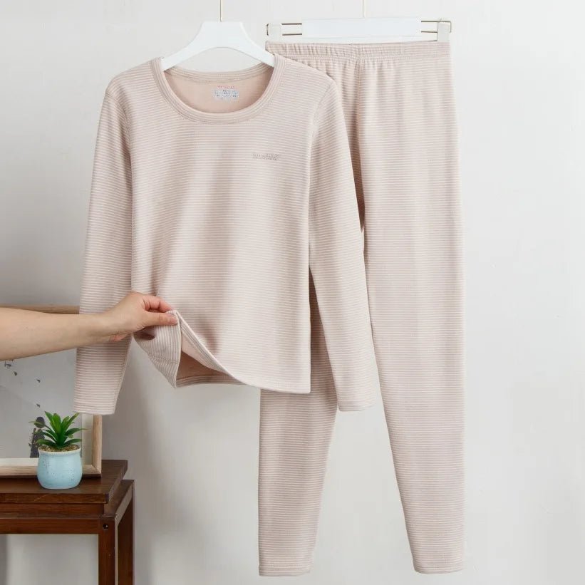 SaneShoppe - New Fall and Winter Cashmere Silk Round Neck Thermal Suit Striped Thermal Underwear Men and Women Models Bottoming Underwear