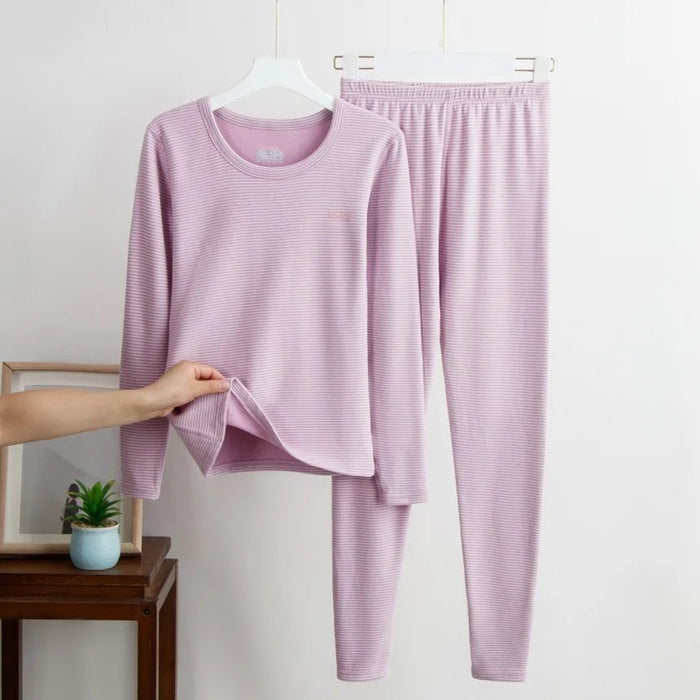 SaneShoppe - New Fall and Winter Cashmere Silk Round Neck Thermal Suit Striped Thermal Underwear Men and Women Models Bottoming Underwear