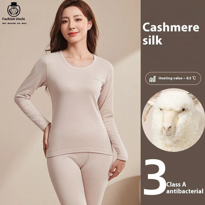 SaneShoppe - New Fall and Winter Cashmere Silk Round Neck Thermal Suit Striped Thermal Underwear Men and Women Models Bottoming Underwear