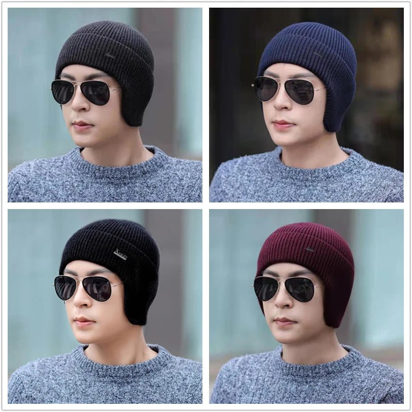 SaneShoppe - New Men Winter Hat Add Fleece Warm Earflap Cap Stylish Soft Beanie Hat For Male Outdoor Thicken Ski Sports Knitted Hat