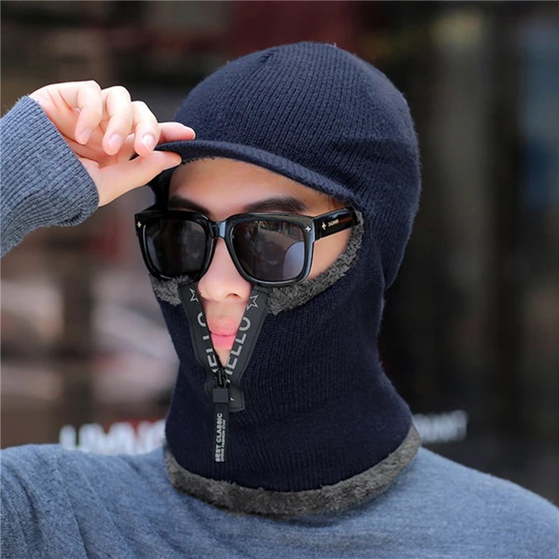 SaneShoppe - New Men Winter Warm Wool Hat Outdoor Ear Protection Hats Warm Thick Bicycle Knitted Capd Scarf Windproof Visors Cap