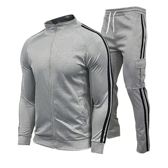 SaneShoppe - New men's cardigan stand up collar sports suit youth sportswear casual slim fit running sports two - piece set