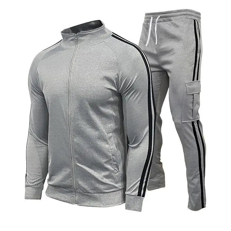 SaneShoppe - New men's cardigan stand up collar sports suit youth sportswear casual slim fit running sports two - piece set