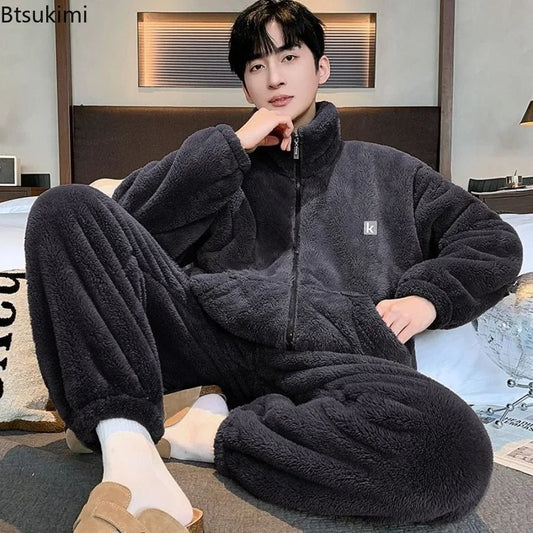 SaneShoppe - Men's High Neck Plush Loungewear Pyjamas - Winter Warm Coral Fleece