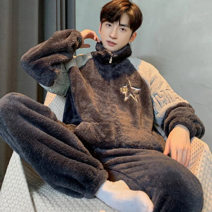 SaneShoppe - New Men's Pajamas Fall and Winter Padded Thickened Comfortable Warm Facecloth Winter Teenage Home Wear Suit Winter Large Size