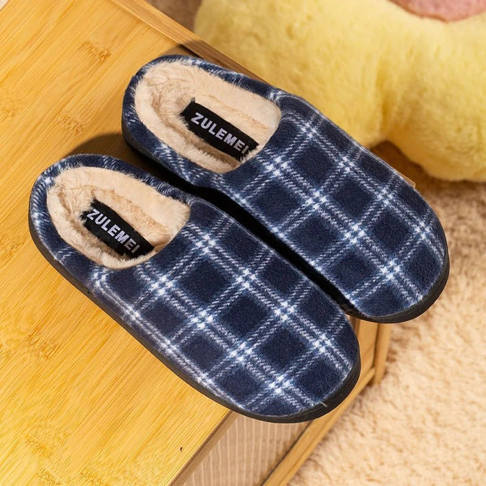 SaneShoppe - New Men's Striped Warm House Fleece Cozy Non - slip Plaid Cotton Mops Couples Slippers Winter Soft Indoor Bedroom Couples Shoes