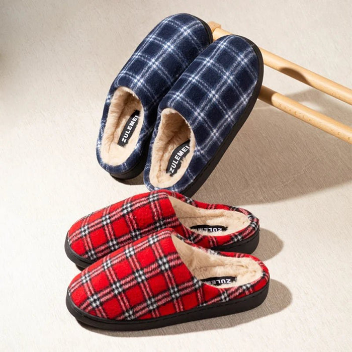 SaneShoppe - New Men's Striped Warm House Fleece Cozy Non - slip Plaid Cotton Mops Couples Slippers Winter Soft Indoor Bedroom Couples Shoes