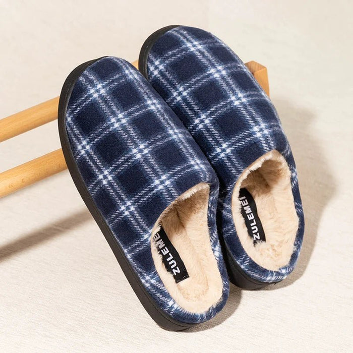 SaneShoppe - New Men's Striped Warm House Fleece Cozy Non - slip Plaid Cotton Mops Couples Slippers Winter Soft Indoor Bedroom Couples Shoes