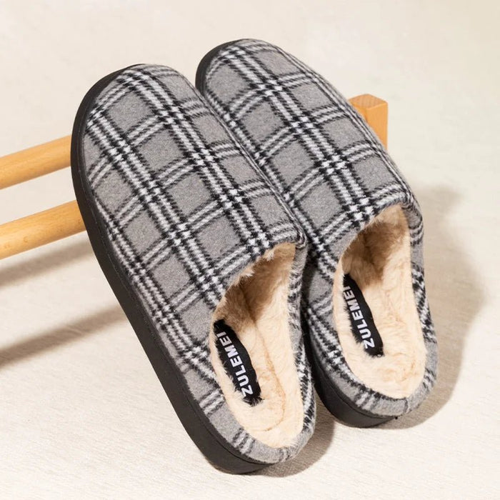 SaneShoppe - New Men's Striped Warm House Fleece Cozy Non - slip Plaid Cotton Mops Couples Slippers Winter Soft Indoor Bedroom Couples Shoes